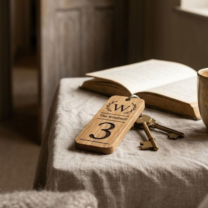 Personalised Logo Number Keyring I Custom Engraved Oak Wood Keyring I Hotel Business Keychain I