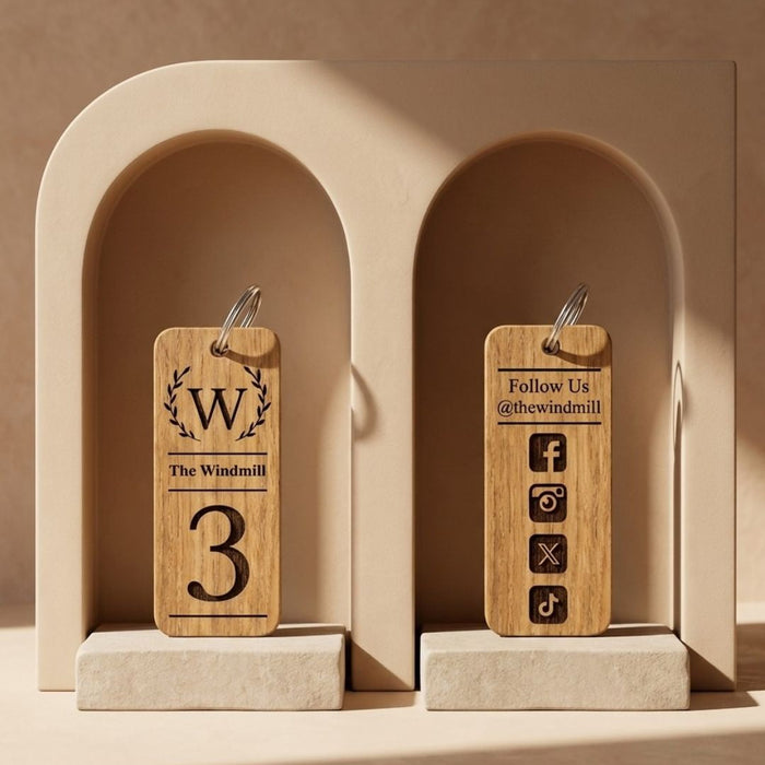 Personalised Logo Number Keyring I Custom Engraved Oak Wood Keyring I Hotel Business Keychain I
