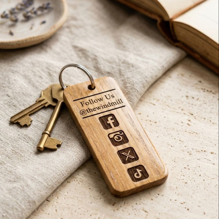 Personalised Logo Number Keyring I Custom Engraved Oak Wood Keyring I Hotel Business Keychain I