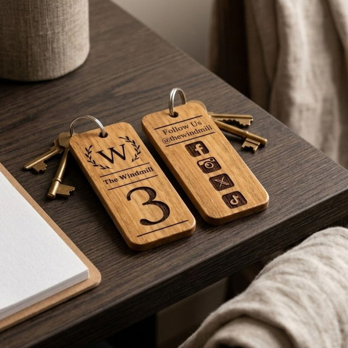Personalised Logo Number Keyring I Custom Engraved Oak Wood Keyring I Hotel Business Keychain I