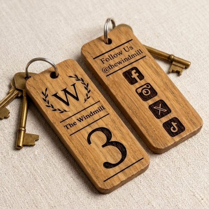 Personalised Logo Number Keyring I Custom Engraved Oak Wood Keyring I Hotel Business Keychain I