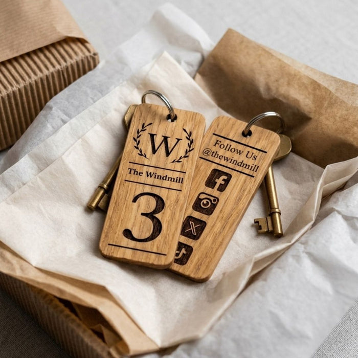 Personalised Logo Number Keyring I Custom Engraved Oak Wood Keyring I Hotel Business Keychain I