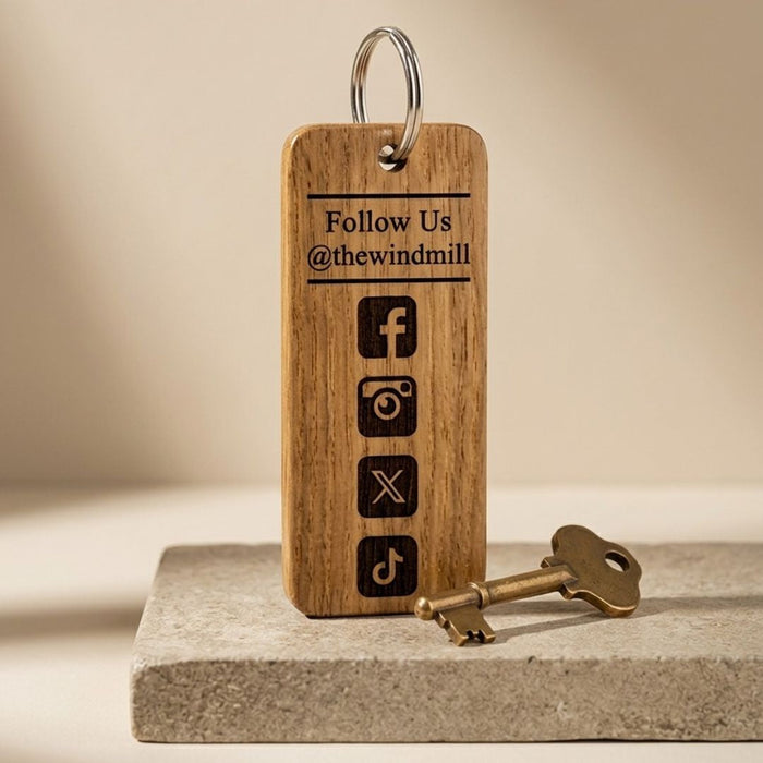 Personalised Logo Number Keyring I Custom Engraved Oak Wood Keyring I Hotel Business Keychain I