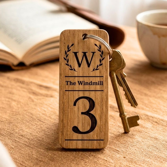 Personalised Logo Number Keyring I Custom Engraved Oak Wood Keyring I Hotel Business Keychain I
