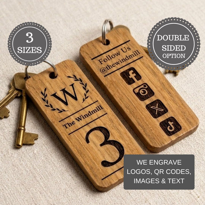 Personalised Logo Number Keyring I Custom Engraved Oak Wood Keyring I Hotel Business Keychain I
