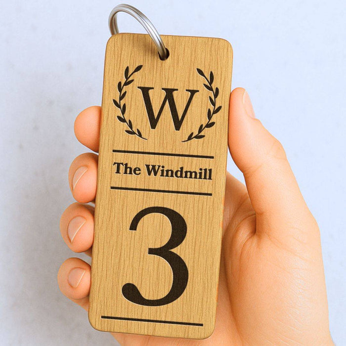 Personalised Logo Number Keyring I Custom Engraved Oak Wood Keyring I Hotel Business Keychain I