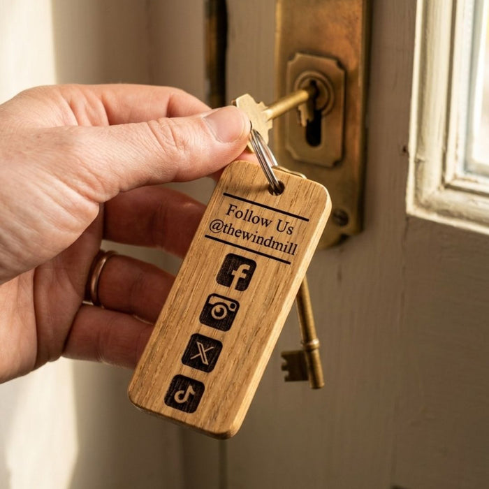 Personalised Logo Number Keyring I Custom Engraved Oak Wood Keyring I Hotel Business Keychain I