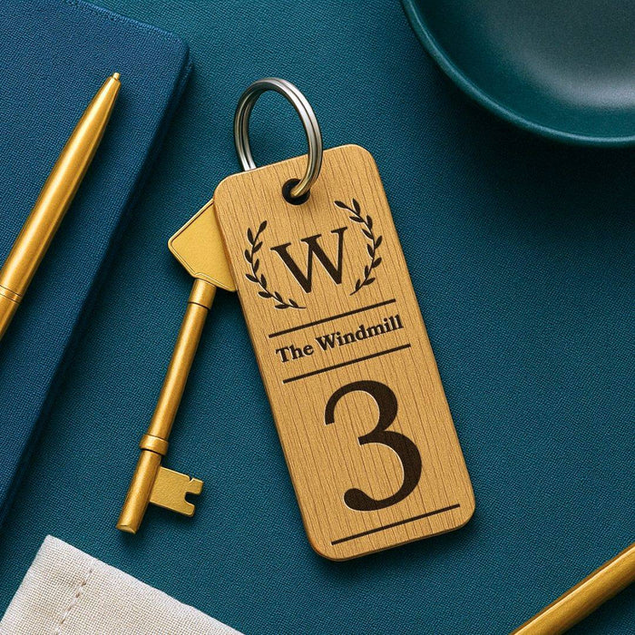 Personalised Logo Number Keyring I Custom Engraved Oak Wood Keyring I Hotel Business Keychain I