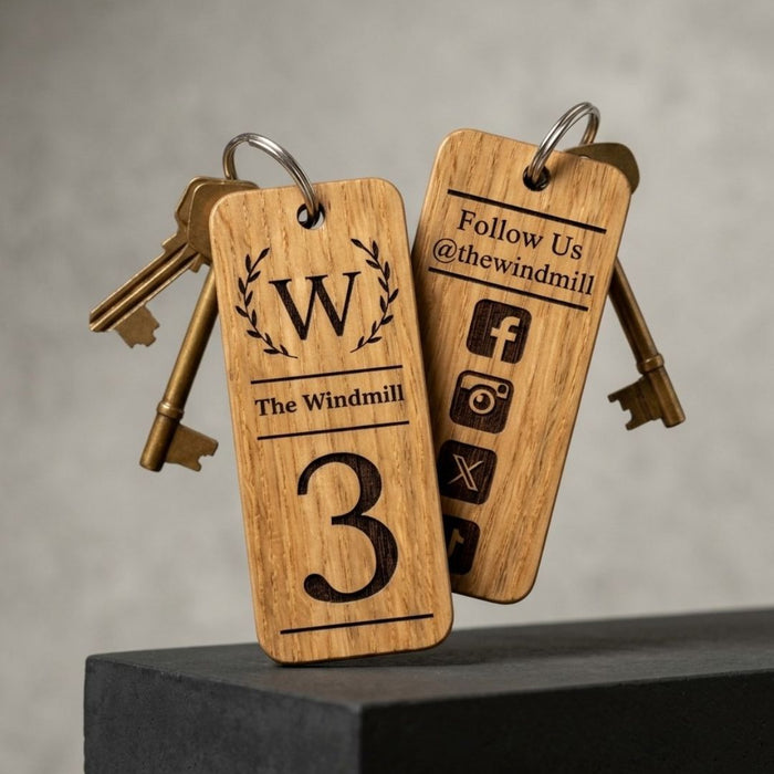Personalised Logo Number Keyring I Custom Engraved Oak Wood Keyring I Hotel Business Keychain I