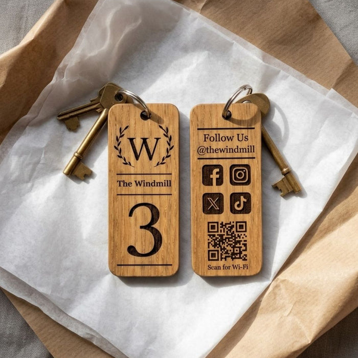 Personalised Logo Number Keyring I Custom Engraved Oak Wood Keyring I Hotel Business Keychain I