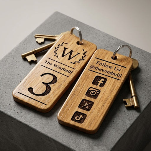 Personalised Logo Number Keyring I Custom Engraved Oak Wood Keyring I Hotel Business Keychain I