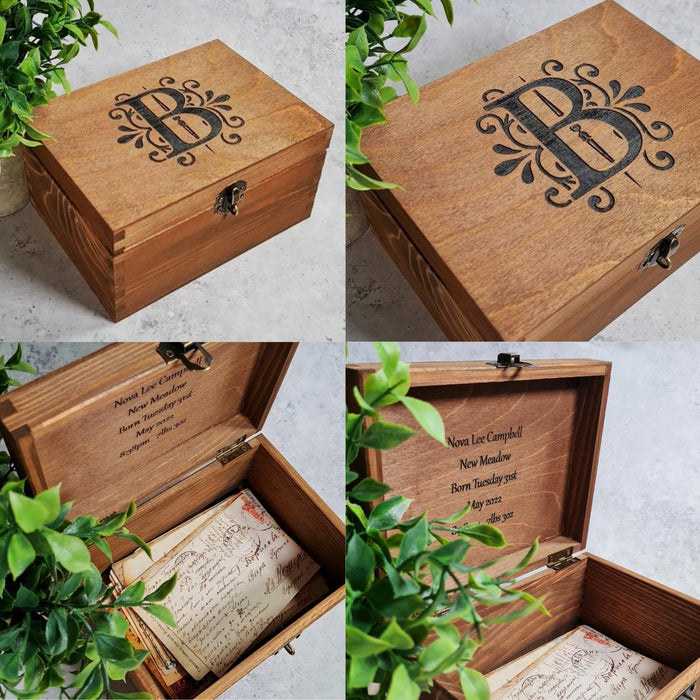 Engraved Monogram Floral Keepsake Box I Personalised Wedding Logo Box