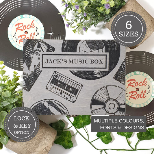Personalised Music Keepsake Box I Wooden Memory Box I Retro Musician Gift