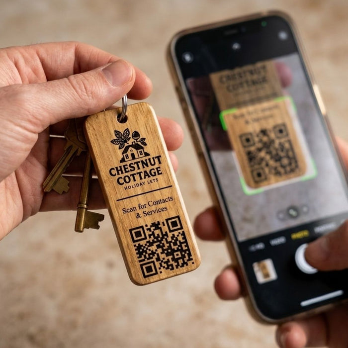 Personalised QR Code Keyring I Custom Wooden Scanable Website Keyring I Engraved Business QR Code Keychain