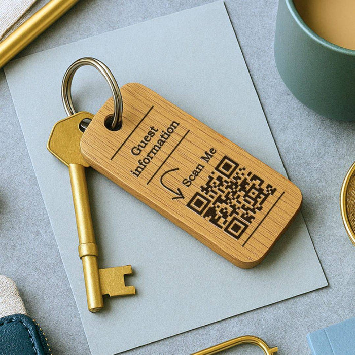Hotel Guesthouse QR Code Keyring I Personalised Wooden Scanable Website Keyring I Custom QR Code Keychain