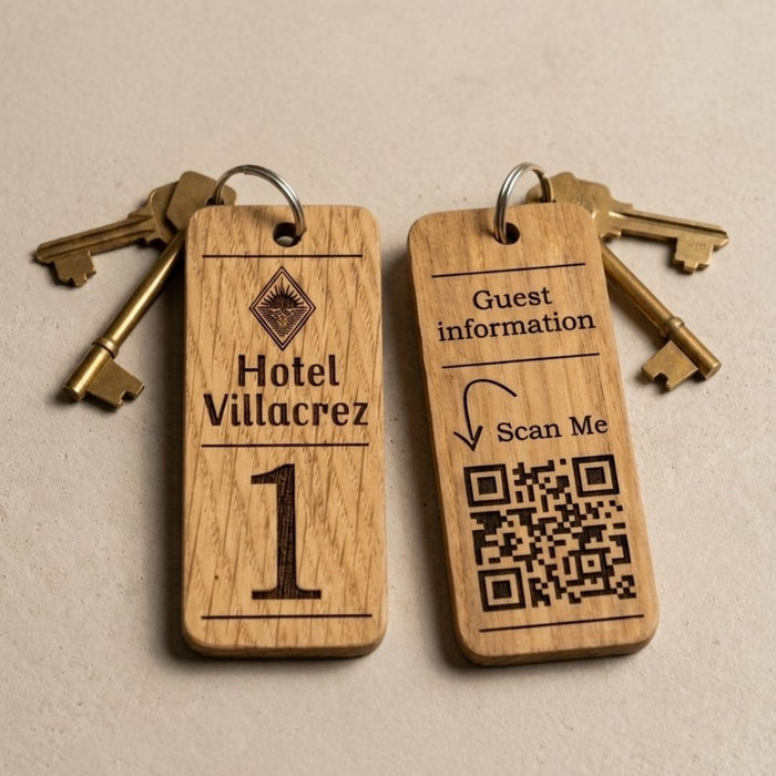 Personalised QR Code Wooden Keyring, Hotel QR Code Keyring, Custom Holiday Let Key Fob, Airbnb Guest Keyring, Engraved Business Keychain