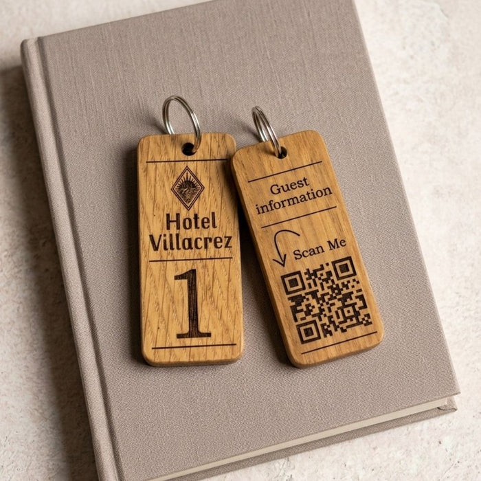 Personalised QR Code Wooden Keyring, Hotel QR Code Keyring, Custom Holiday Let Key Fob, Airbnb Guest Keyring, Engraved Business Keychain
