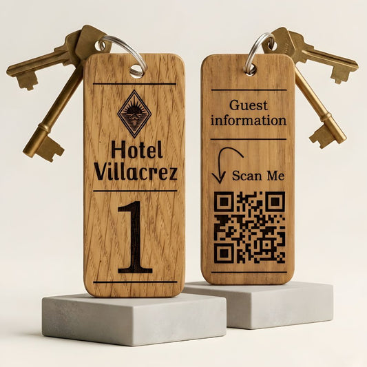 Personalised QR Code Wooden Keyring, Hotel QR Code Keyring, Custom Holiday Let Key Fob, Airbnb Guest Keyring, Engraved Business Keychain
