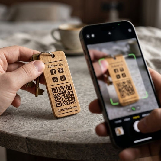 Personalised Social Media QR Code Keyring I Promotional Website Keyring I Wooden Business QR Code Keychain