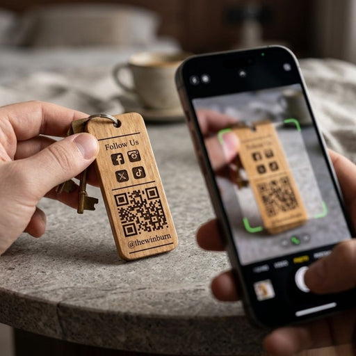 Personalised Social Media QR Code Keyring I Promotional Website Keyring I Wooden Business QR Code Keychain
