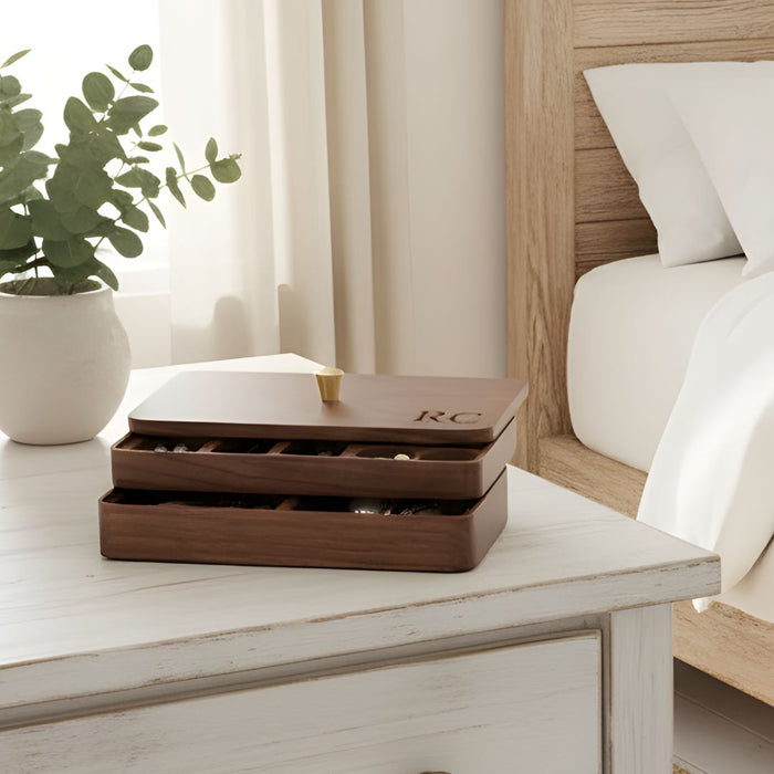 Personalised Walnut Wood Jewellery Box – Double Layer Storage