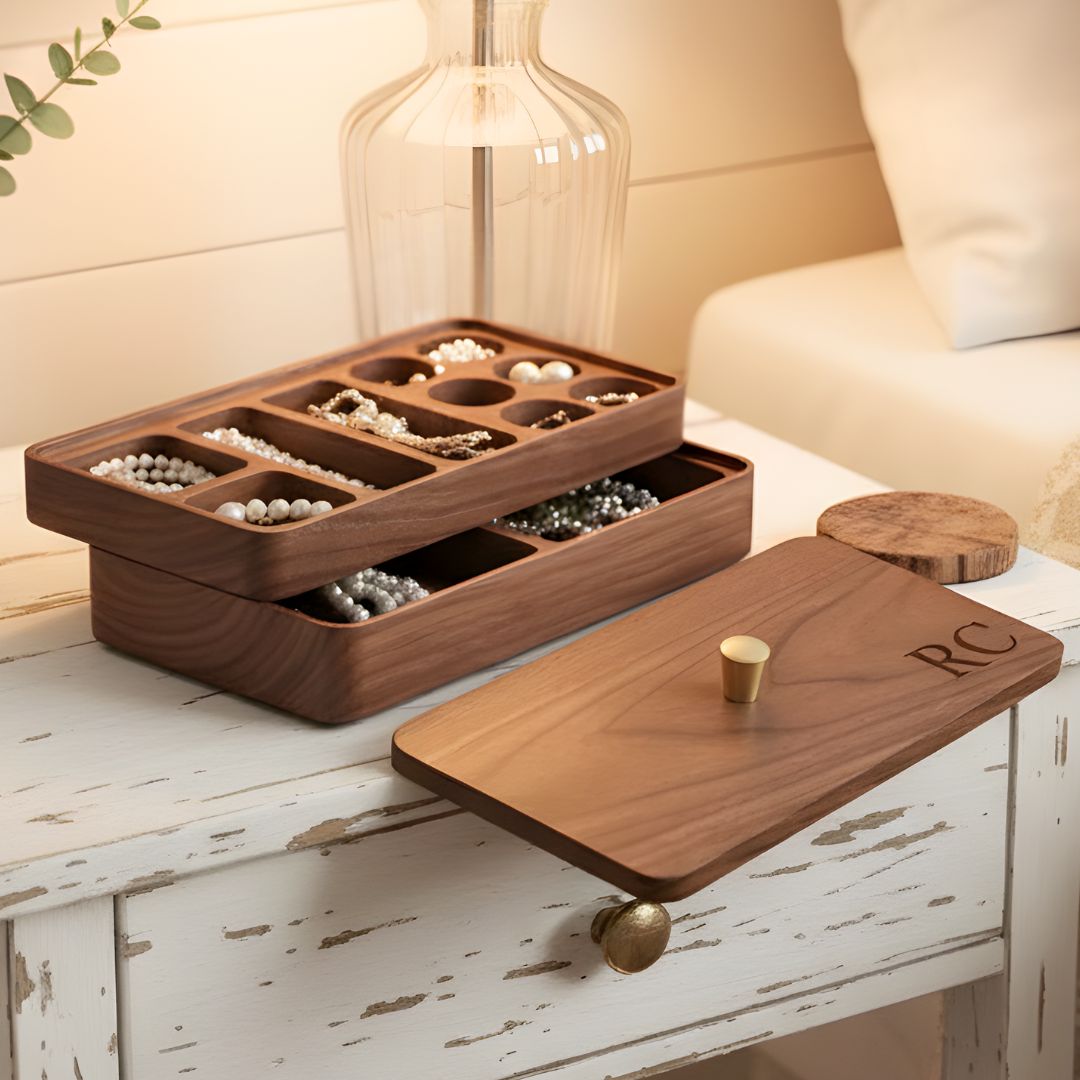 Personalised Walnut Wood Jewellery Box – Double Layer Storage