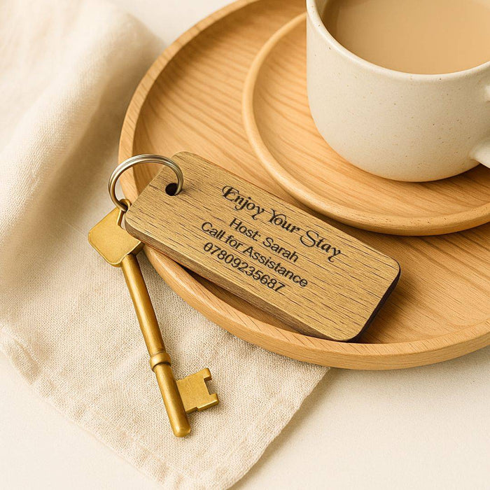 Personalised Wooden Keyrings for Airbnb Hosts | Add Guest Info, Host Contact & QR Codes