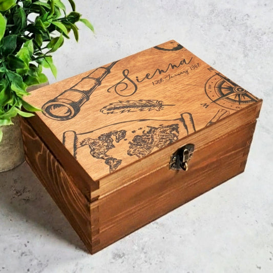 Personalised Wooden Treasure Keepsake Box I Vintage Style Memory Box I Travel Box - 6 Sizes Small to XLarge
