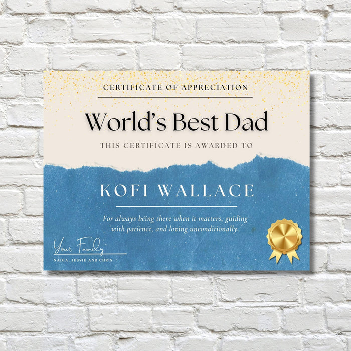Personalised World's Best Dad Metal Certificate
