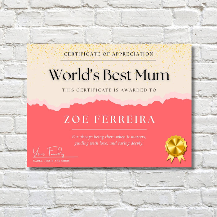 Personalised World's Best Mum Metal Certificate