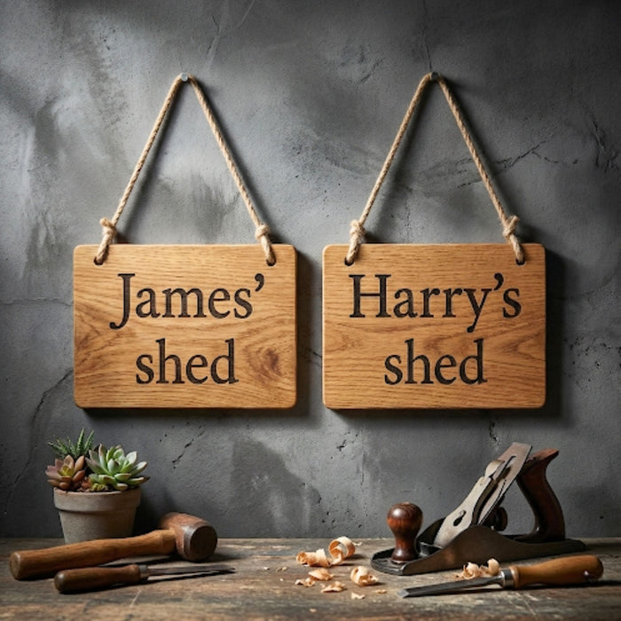 Personalised oak wood shed sign