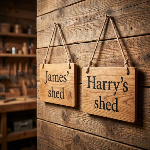 Personalised oak wood shed sign