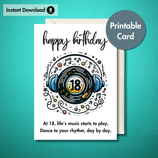 Printable 18th Birthday Card | Retro Music Record Printable Card