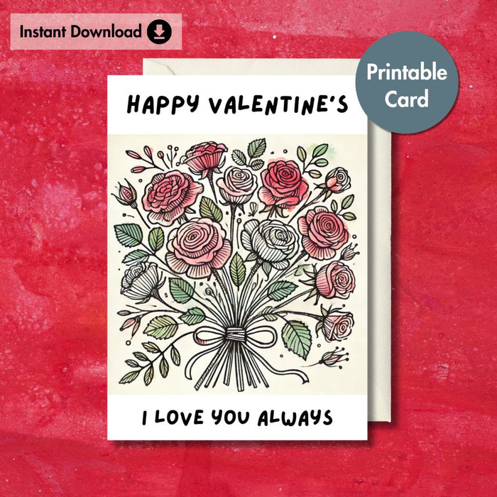 Printable Rose Bouquet Valentine's Card | Last Minute Flowers Gift Idea — Make Memento
