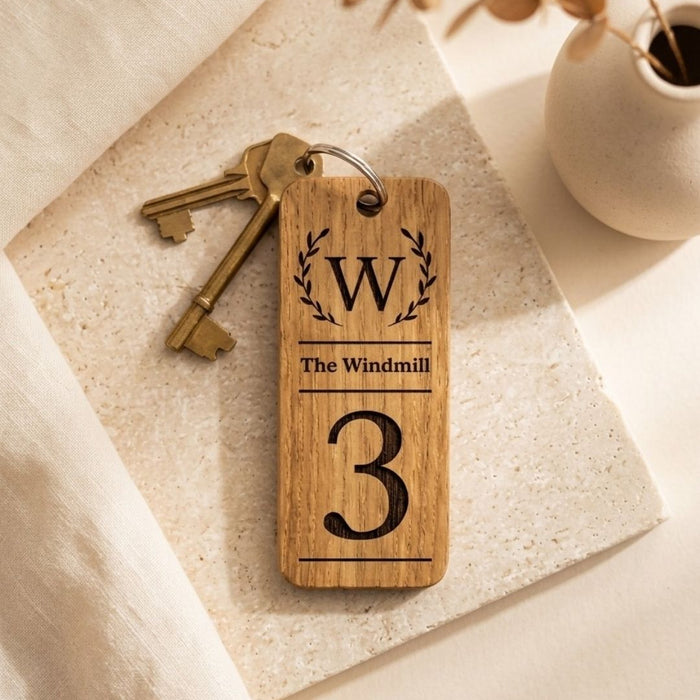 Personalised Holiday Let Keyring, Wooden Keyring for Holiday Homes & Cottages, Self Catering Accommodation Keychain, Airbnb Guest Key Fob