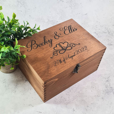 Two Hearts Wedding Keepsake Box | Couple’s Names & Date | Sizes S-XL with Lock