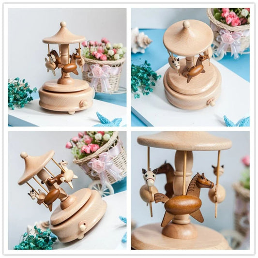 Wooden Carousel Horse Music Box – Rotating Wind-Up Keepsake