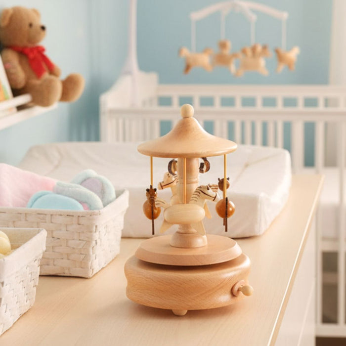 Wooden Carousel Horse Music Box – Rotating Wind-Up Keepsake
