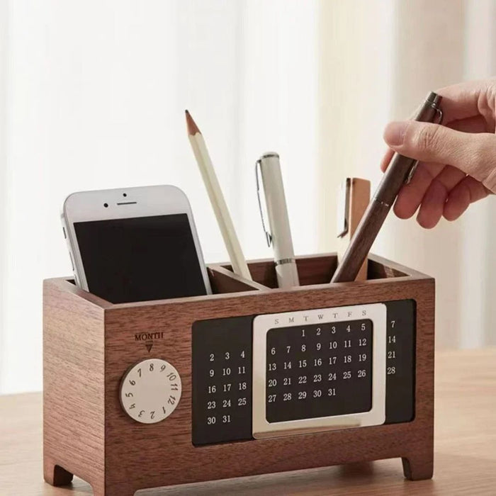 Wooden Desk Organiser with Calendar – Multifunctional Storage Box
