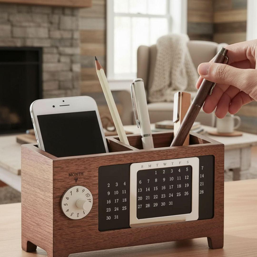 Wooden Desk Organiser with Calendar – Multifunctional Storage Box