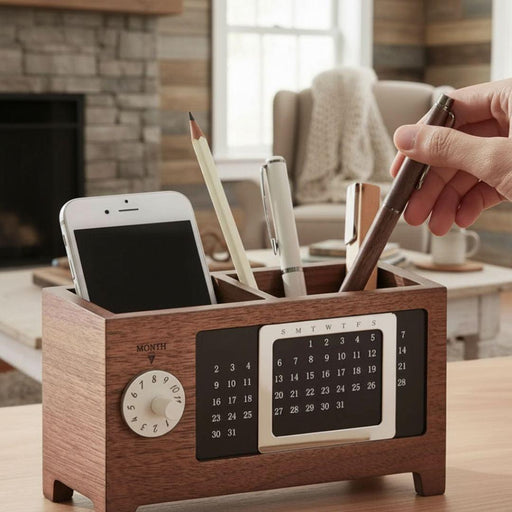 Wooden Desk Organiser with Calendar – Multifunctional Storage Box