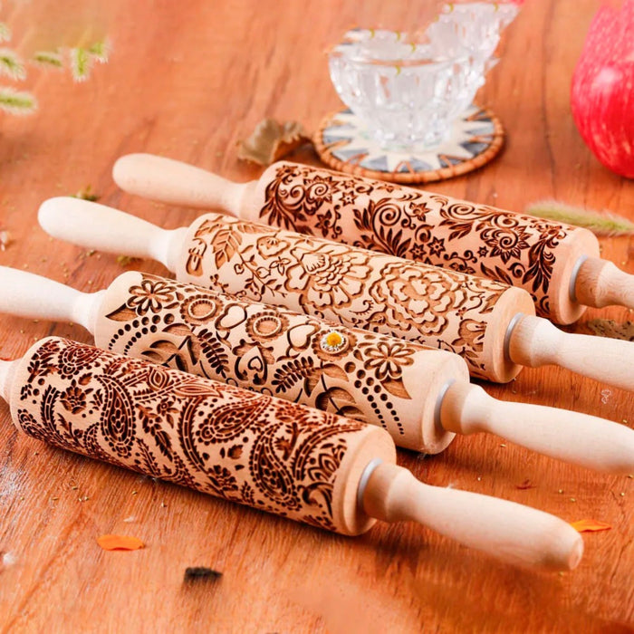 Wooden Embossed Rolling Pin – Deep Engraved Pattern Rolling Pin for Baking & Pastry