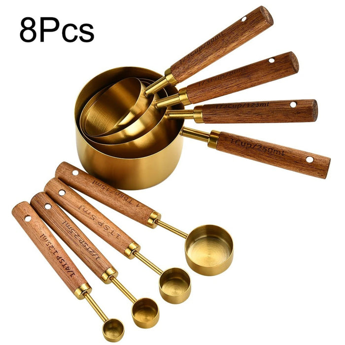 Wooden Handle Stainless Steel Measuring Cups & Spoons – 8 Piece Set for Baking & Coffee