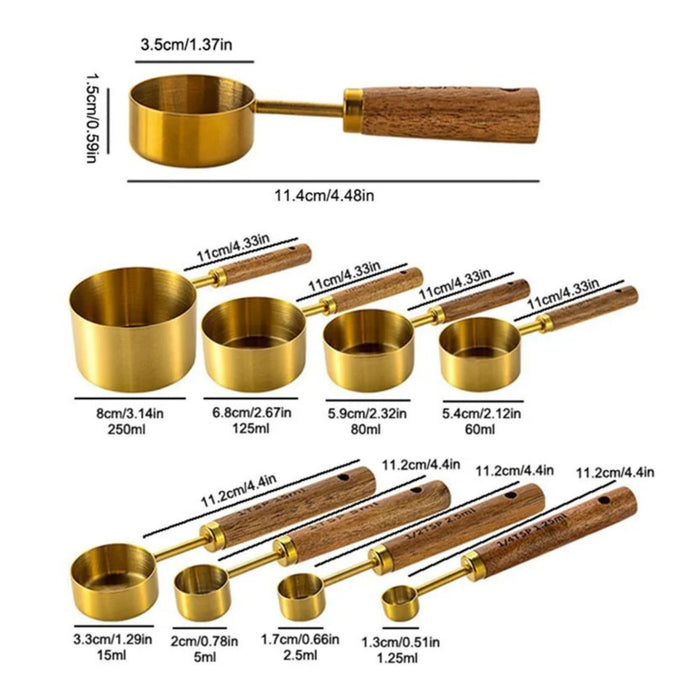 Wooden Handle Stainless Steel Measuring Cups & Spoons – 8 Piece Set for Baking & Coffee