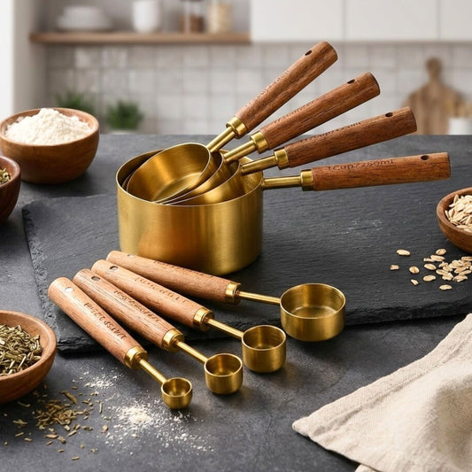 Wooden Handle Stainless Steel Measuring Cups & Spoons – 8 Piece Set for Baking & Coffee