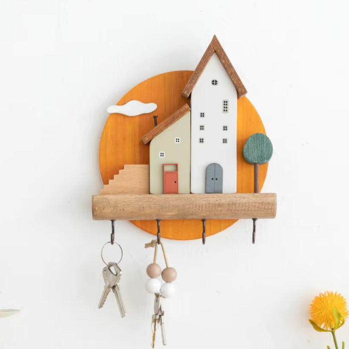 Wooden House Key Hook Wall Shelf – Cute Decorative Key Holder with Hooks