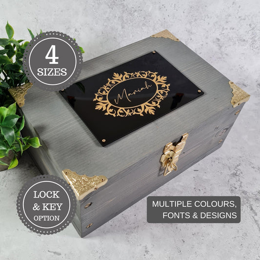Wooden Memory Box - Personalised Name Floral Keepsake Box - Large Box