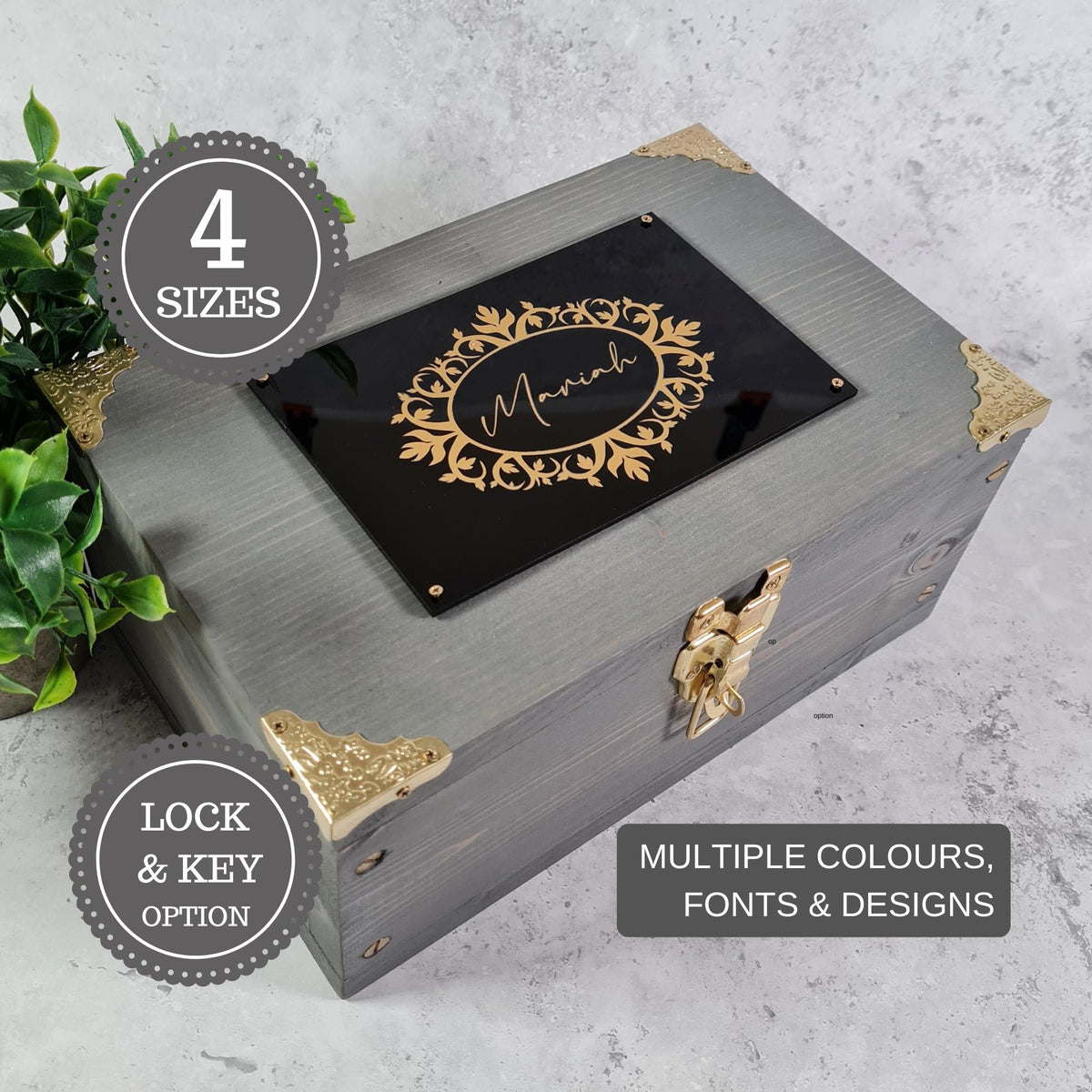 Wooden Memory Box - Personalised Name Floral Keepsake Box - Large