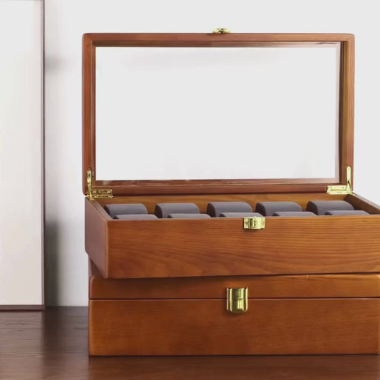 10 Grid Wooden Watch Box with Velvet Cushions – Solid Wood Watch Storage & Display Case