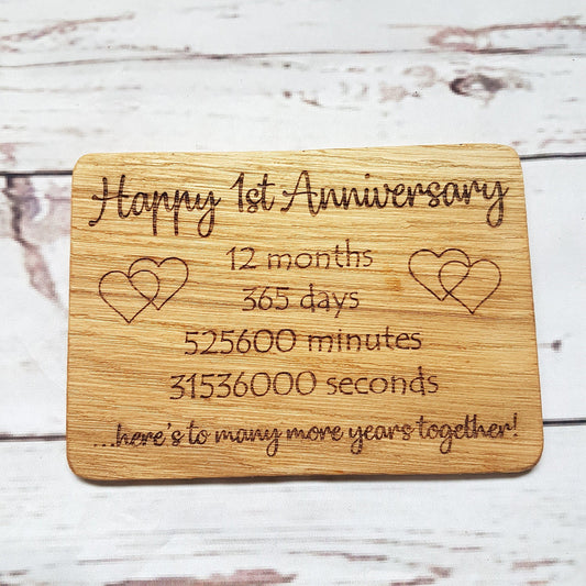 Engraved 1st Wedding Anniversary Card I Wooden Gift Card